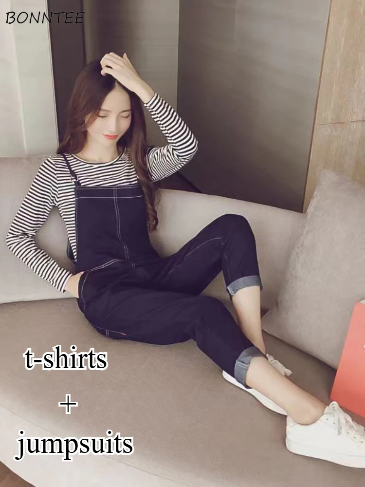 

Комплекты из 2 предметов. Женская одежда. Футболки в полоску с круглым вырезом. Джинсовые комбинезоны-карандаш. Винтажная уличная одежда. Нежный шикарный эстетический уютный Ulzzang.