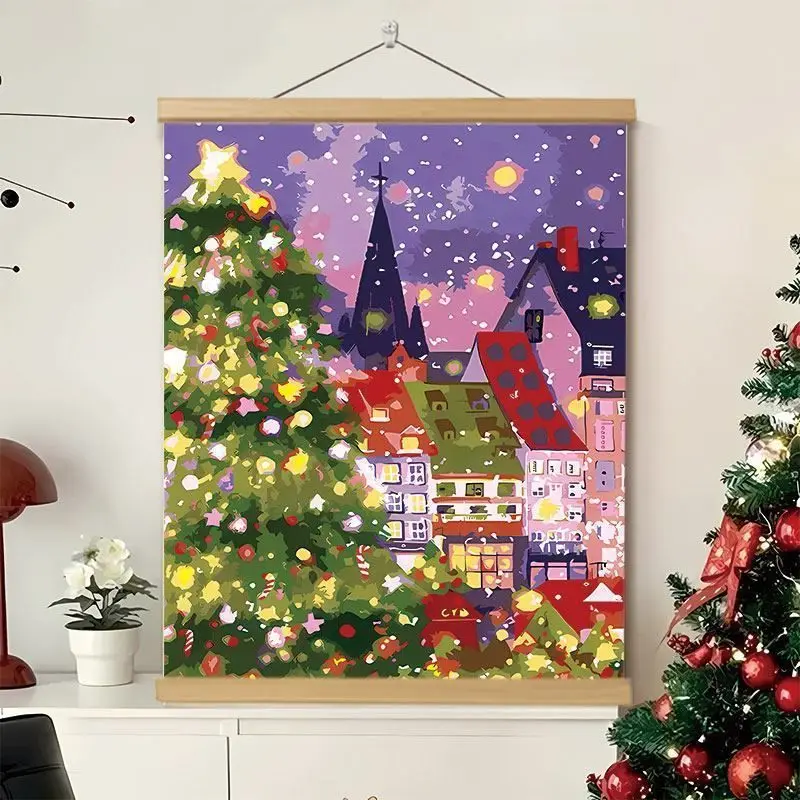 VIKAMA Wall Tapestry Christmas Night City Couple Hugging Fireworks Snow Tree Star Winter Holiday Wall Hanging Home Decor Bedroom
