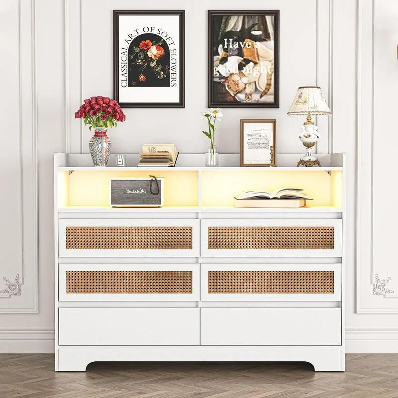 

6 Drawers LED Light Dresser with Open Storage, Natural Wood Dresser, Modern Double Dresser for Bedroom, Living Room, Entryway