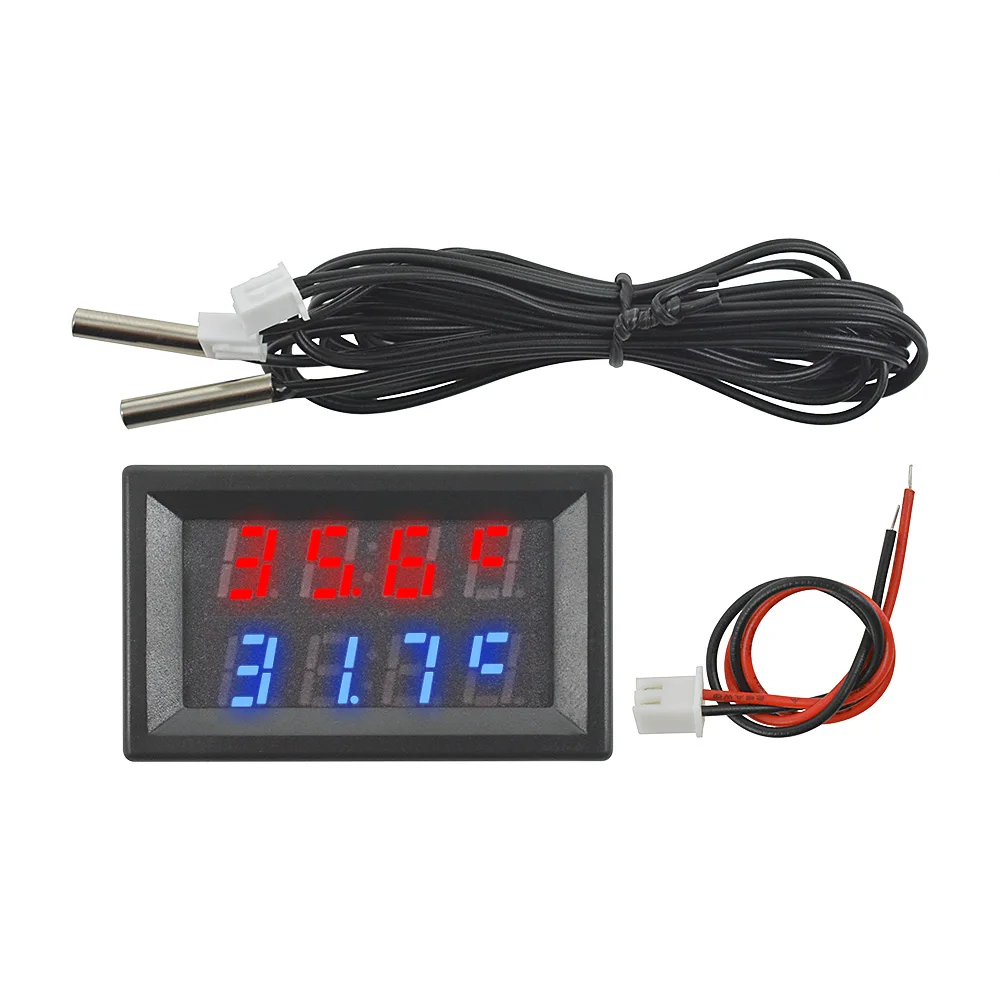DC 4-28V LED Display 4-digit Dual Temperature Sensor Thermometer With NTC  Metal Waterproof Dual Probe Cable Red Blue Digital