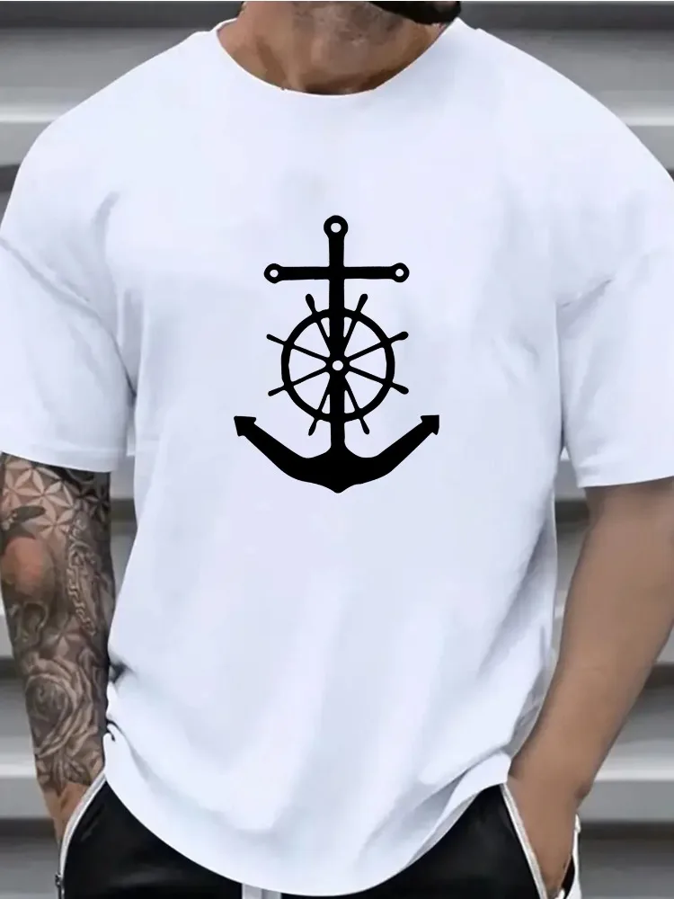 Mens Nautical Anchor Wheel Graphic Print Short Sleeve Cotton Tee Vintage Sailor Loose Summer Outdoor Soft Basic Casual T Shirt