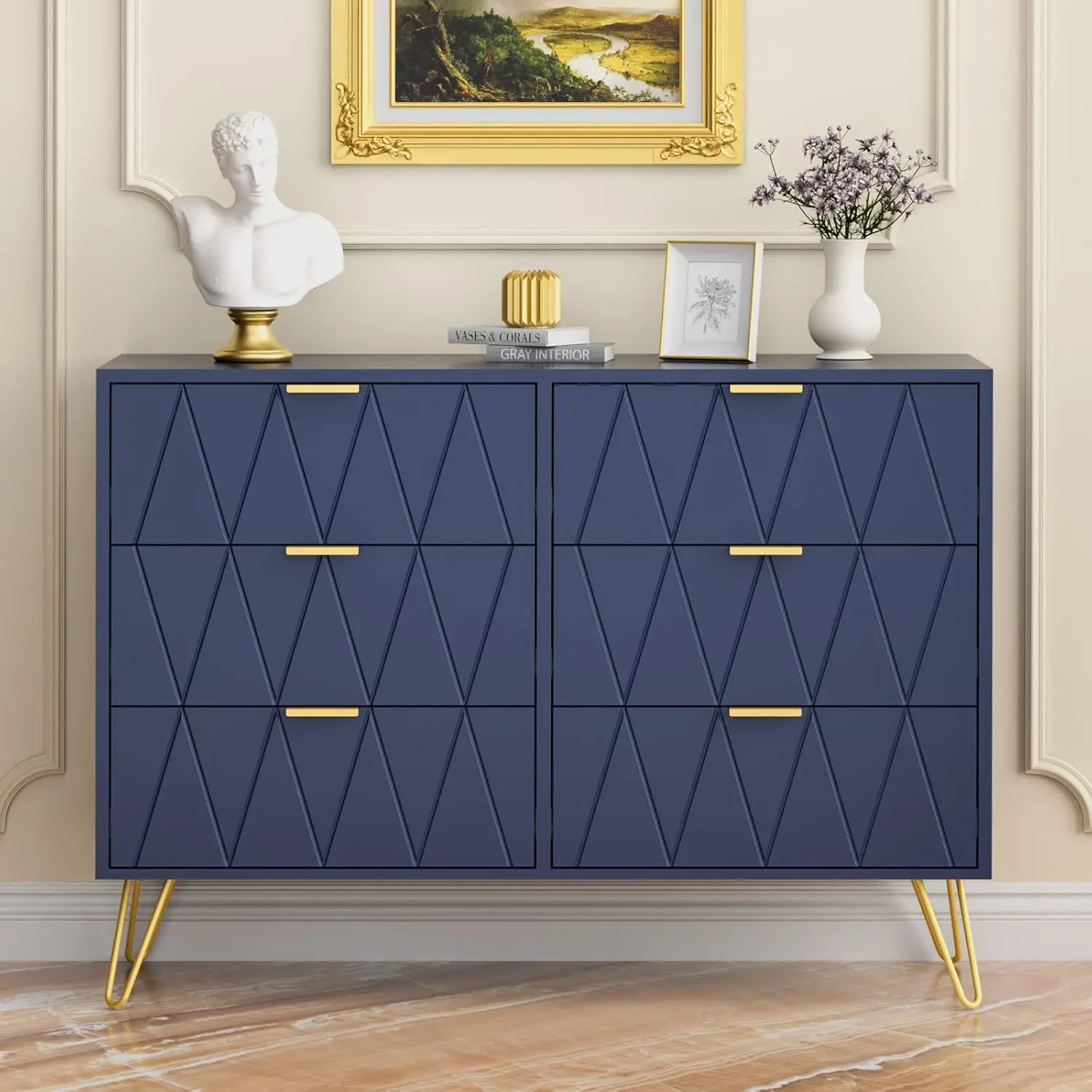 6 Drawer Dresser,Modern Dresser Chest with Wide Drawers and Metal Handles,Wood Storage Chest of Drawers for Bedroom