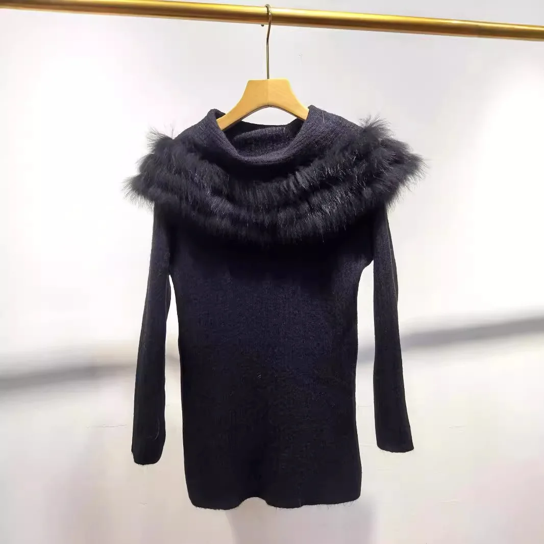 2024 Women Autumn Real Natural Fox Fur Turn-down Collar Knitted Oversize Sweater Wear On Both Sides Solid Knitted Pullover