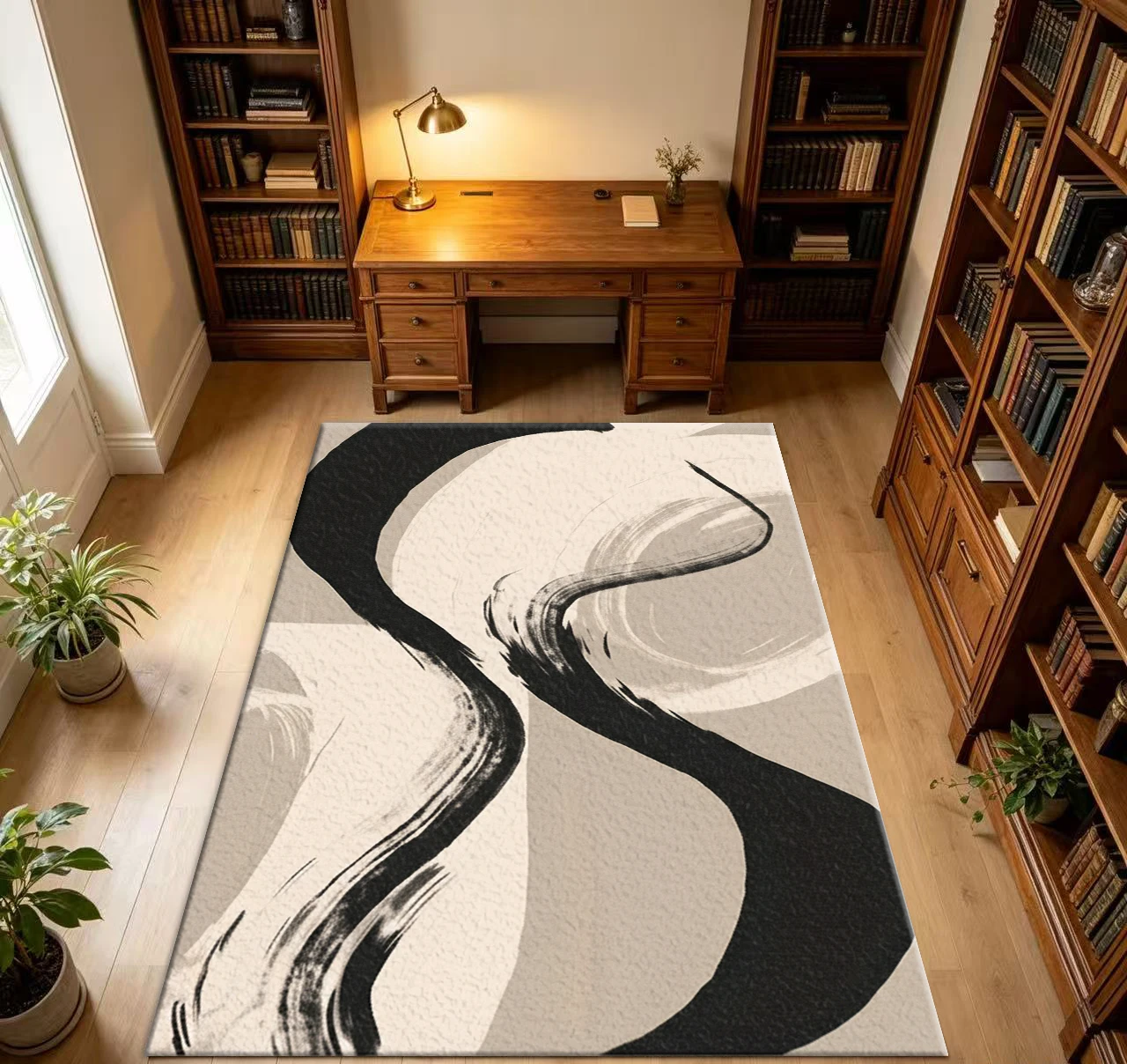 Modern Ink Wash Abstract Brush Stroke Area Rug Carpet Flooring Black Beige Art Style Floor Carpet for Home