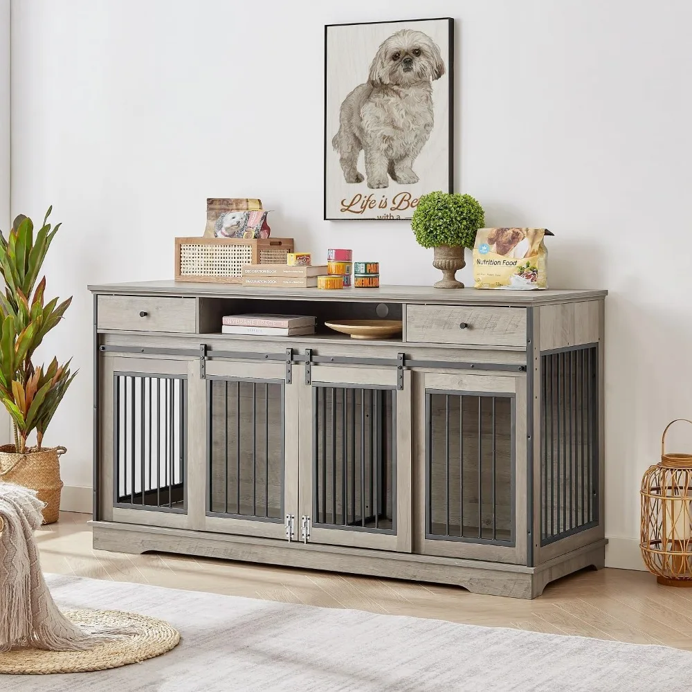 

Masterpiece Large Dog Crate Furniture With Sliding Barn Door, 66.1" Wooden Kennel Indoor With Divider, TV Stand XXL Fo
