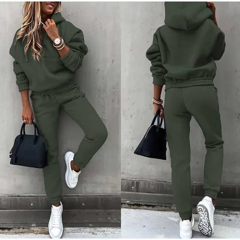 Hoodies Suit Autumn Winter Solid Casual Tracksuit Women Fleece 2 Pieces Set Sports Sweatshirts Pullover Home Sweatpants Outfits