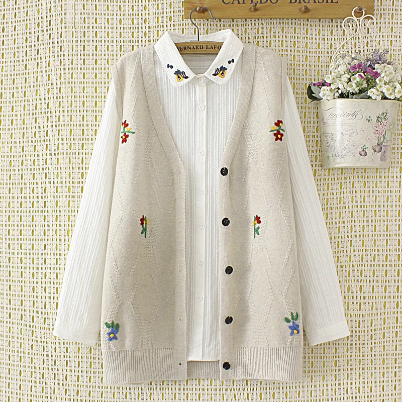 Women Sweater Vest Autumn V Neck Single Breasted Full Sleeve Floral Embroidery Ladies Knitted Cardigan Clothing Tops