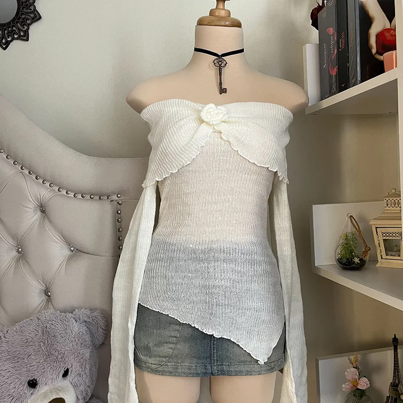 Maglione lavorato a maglia con base a fungo irregolare a maniche lunghe monospalla stile francese Top Y2K slim fit versatile e unico