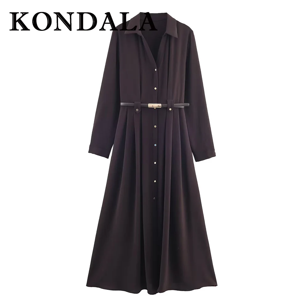 KONDALA Vintage Elegant Belt Brown Woman Dress Fashion 2025 Teacher Long Dress Pleated Chic Business Streetwear Female Vestidos