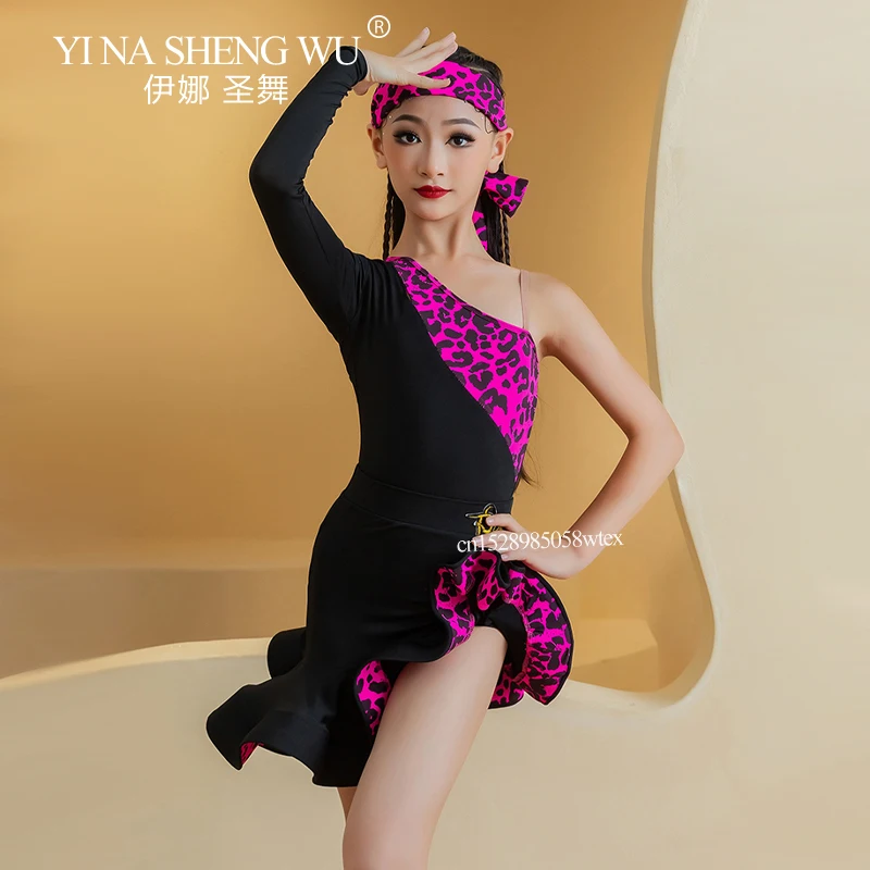

New Kids Latin Dance Dress Girls Black and Pink Leopard Backless Latin Dance Performance Competition Split Style Dance Costume