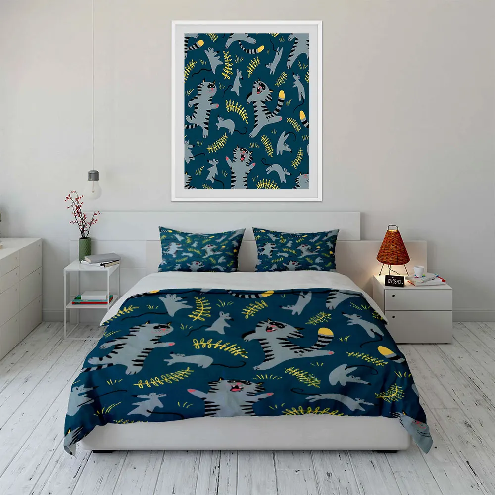 Fun blue pattern of cats and mice Pattern Duvet Cover Set Digital Print Colorful Polyester Bedding with Zipper Closur for gifts