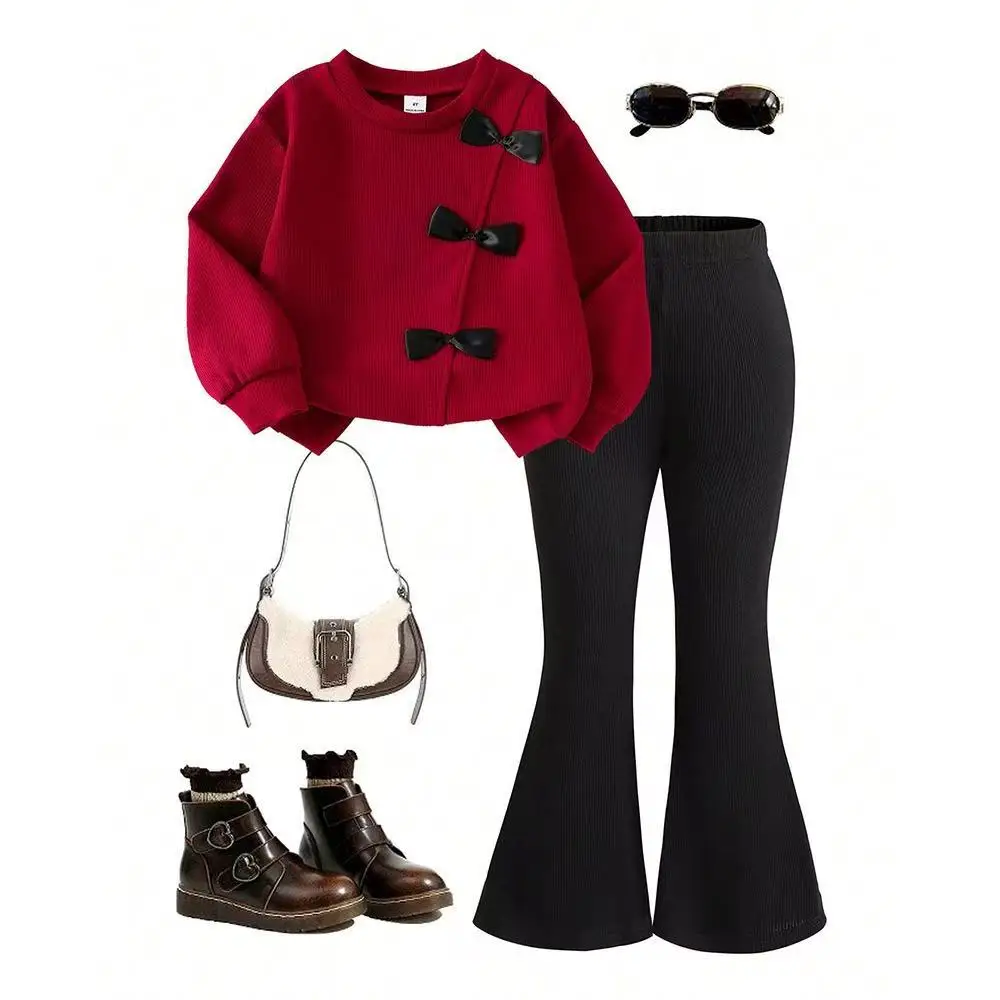 2026 New Fashion Kids 2Pcs Outfits Burgundy Bow Blouse + Black Flare Trousers Fall Winter Toddler Clothes for 4-7Y