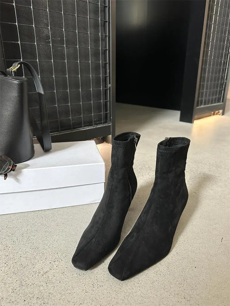 Tylny suwak buty damskie na zamek błyskawiczny buty buty-kobiety Med do połowy łydki do połowy łydki wysoki obcas jesienne spiczaste gumowe 2023 PU