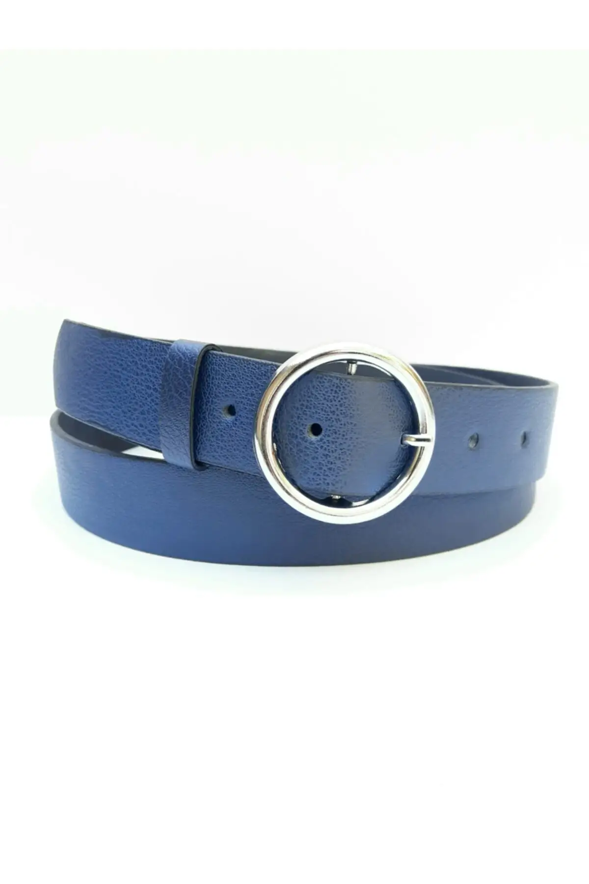 Women's Navy Blue Silver Ring Buckled Belt Special Ring Buckle Closure Modern Female Trousers Belt