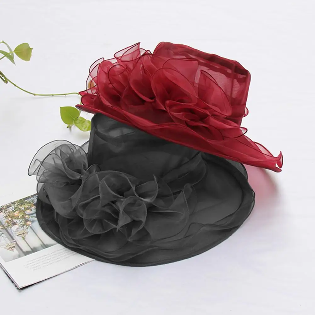 Vintage Derby Hat Elegant Vintage Organza Fascinators Layered Mesh Flower Decor Wide Brim Tea Party Hat for Women for Prom