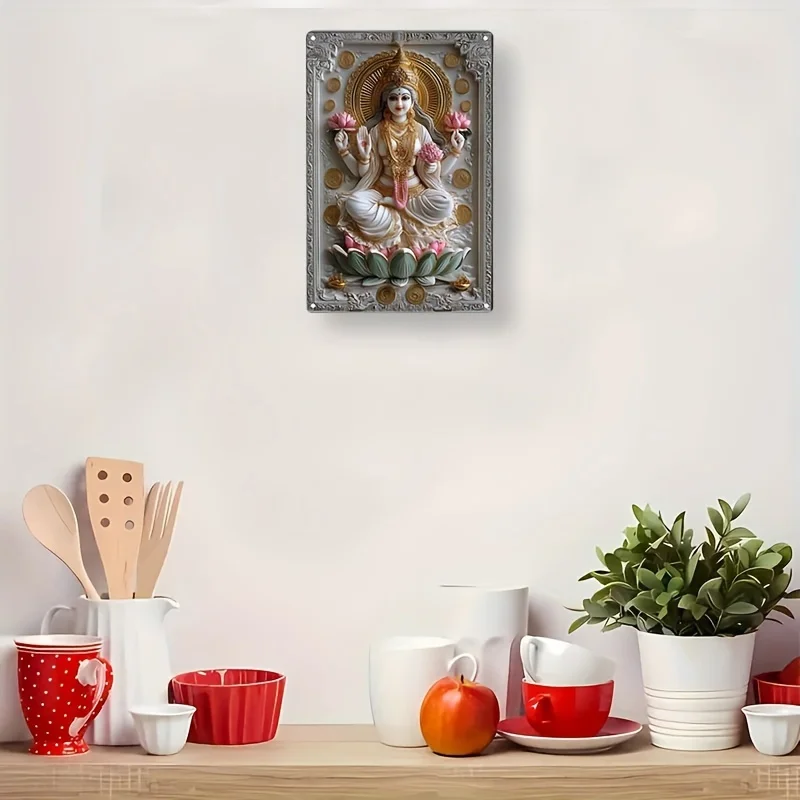 Hindu Inspired Aluminum Sign: Lakshmi Artwork with Abundant Gold Elements, Great for Spiritual and Prosperity Seeking Home Decor