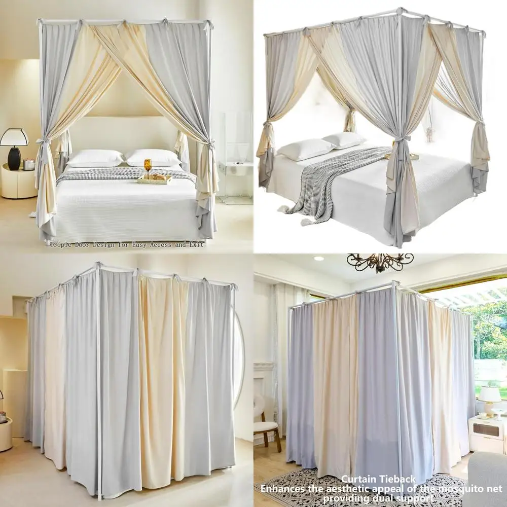 Elegant Canopy Curtains with Ties for King Beds - Soft Drapes for Privacy and Style in Gray/Khaki