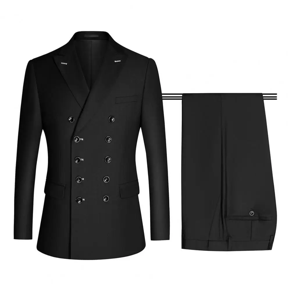 

Elegant Men Suit Jacket Long Sleeves Lapel Placket Slim Down Hem Flip Pockets Blazer Pants Business 2Pcs/Set Wedding