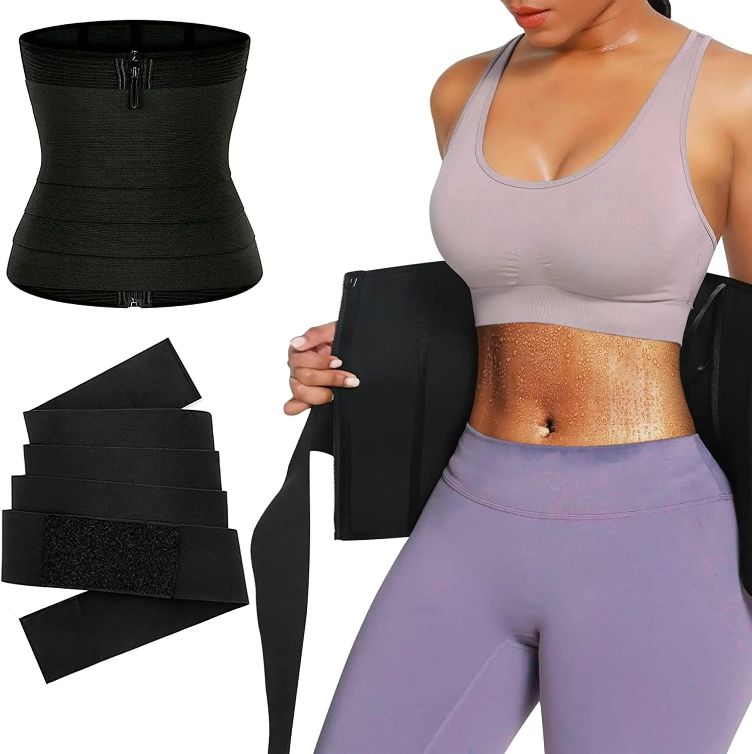 Sweat Waist Trainer Shapewear Women Detachable 2 In 1 Zipper Modeling Strap Workout Cincher Slimming Belly Sheath Tummy Wrap