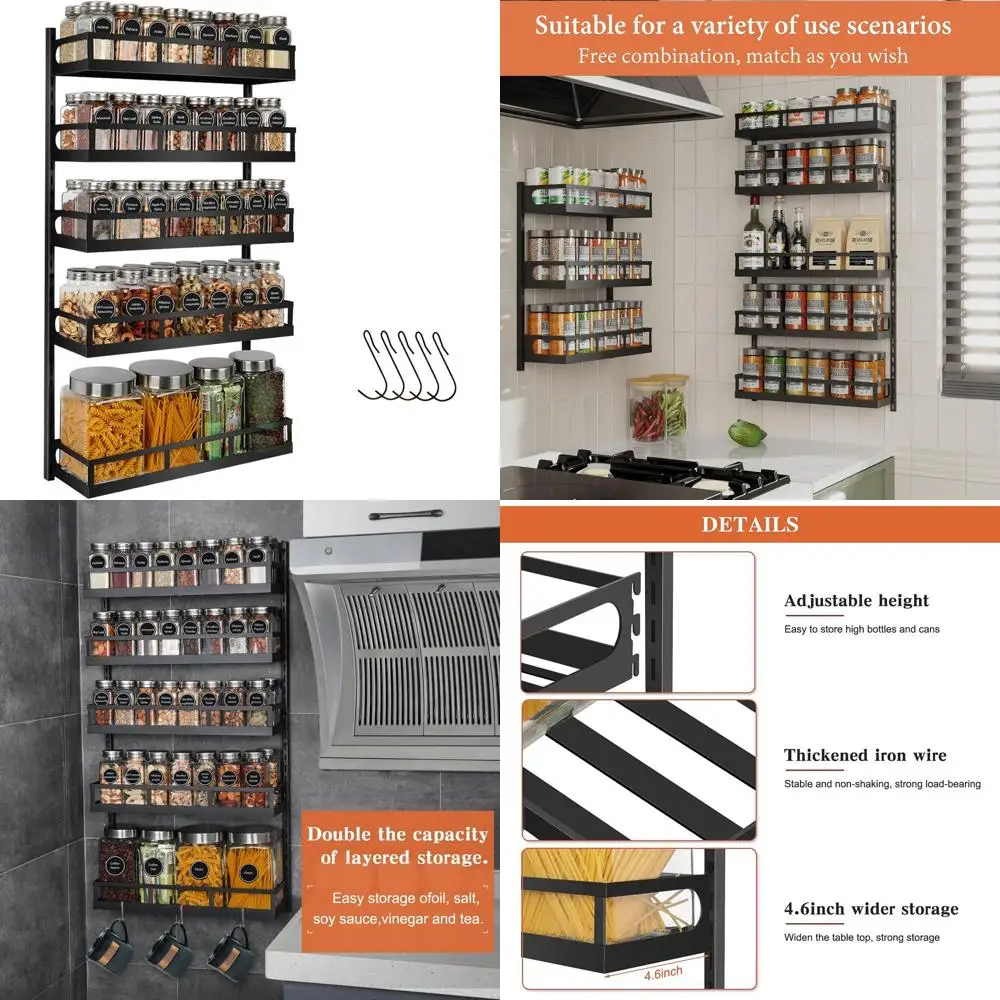 

Adjustable 5-Tier Wall-Mounted Spice Rack with Hooks, Black, Kitchen Pantry Storage Organizer