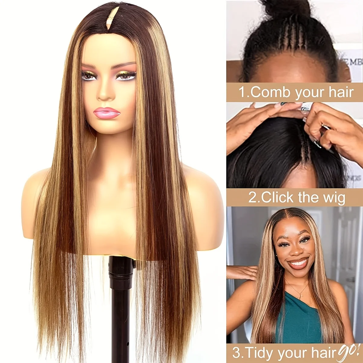 Glueless Wear Go Highlight V Part Straight Human Hair Wig Honey Blonde 4/27 Colored Wig No Leave Out No Glue Needed V Shape Mach