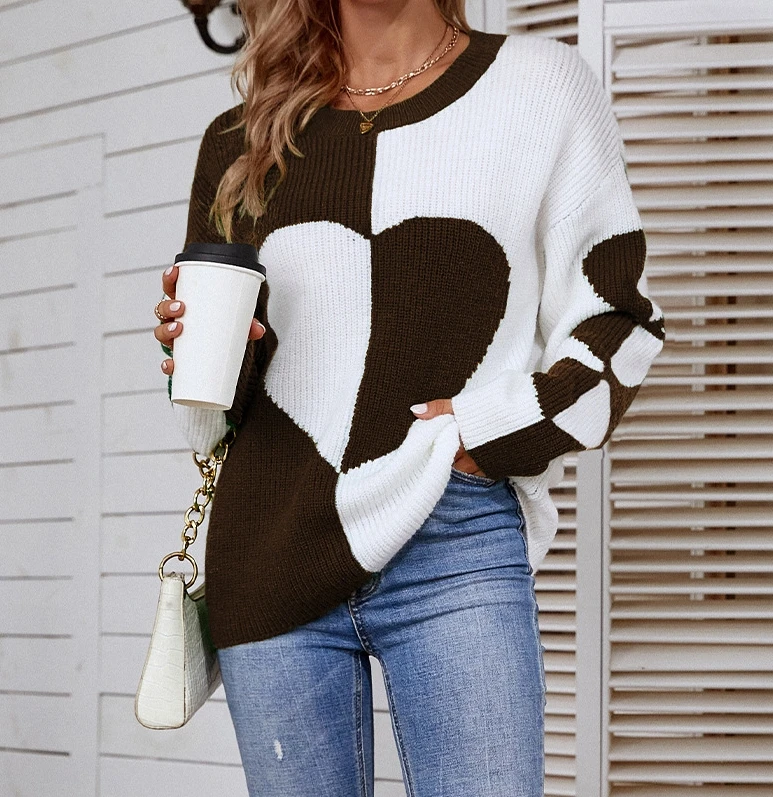 Long Sleeved 2023 New Hot Selling Fashion Women's Round Neck Color Matching Love Knit Sweater Pullover Sweater