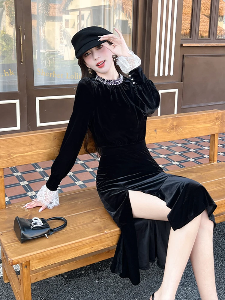 Abiti da strada da donna Velluto nero O-Collo Slim Midi Abito a coda di pesce Elegante Lady Fashion Party Abiti Dolce retrò Autunno Casual