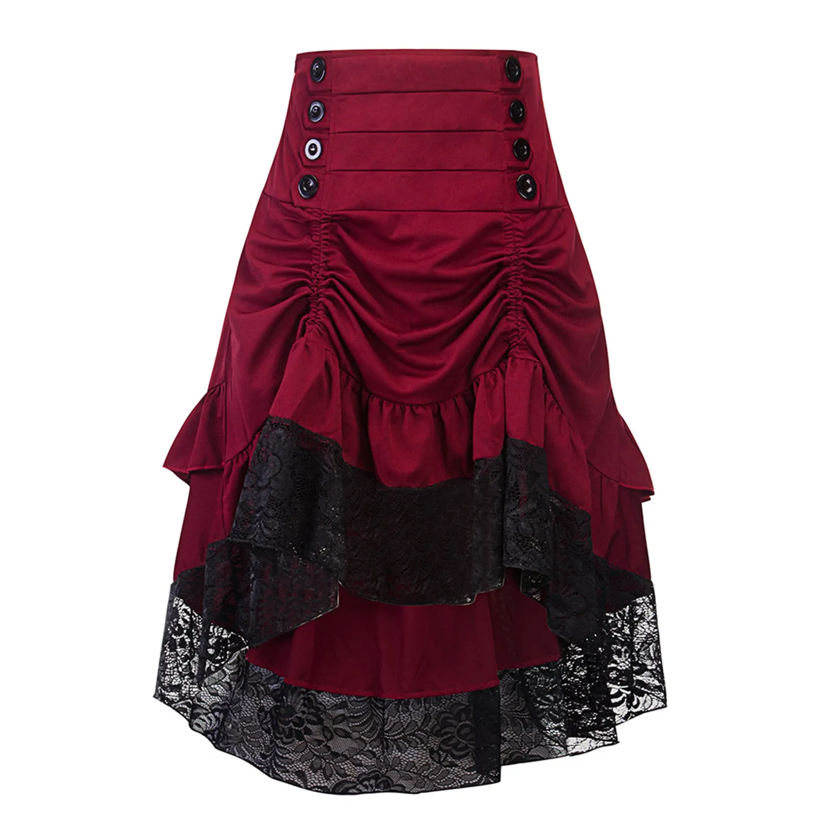 Disfraces Steampunk gótico falda encaje Mujer ropa alta baja volante fiesta Lolita rojo Medieval victoriano Punk Skater botón frontal