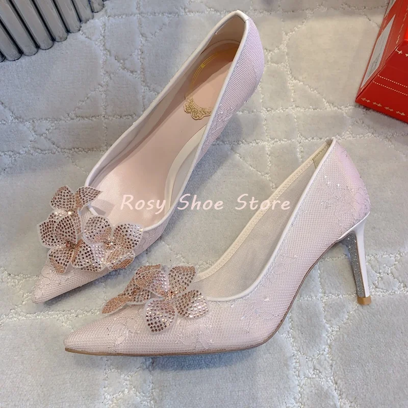

New Style Elegant Lace Mesh Match Exquisite Diamond Flower Decor Women's Pumps Point Toe Breathable Slip On Stiletto Single Shoe
