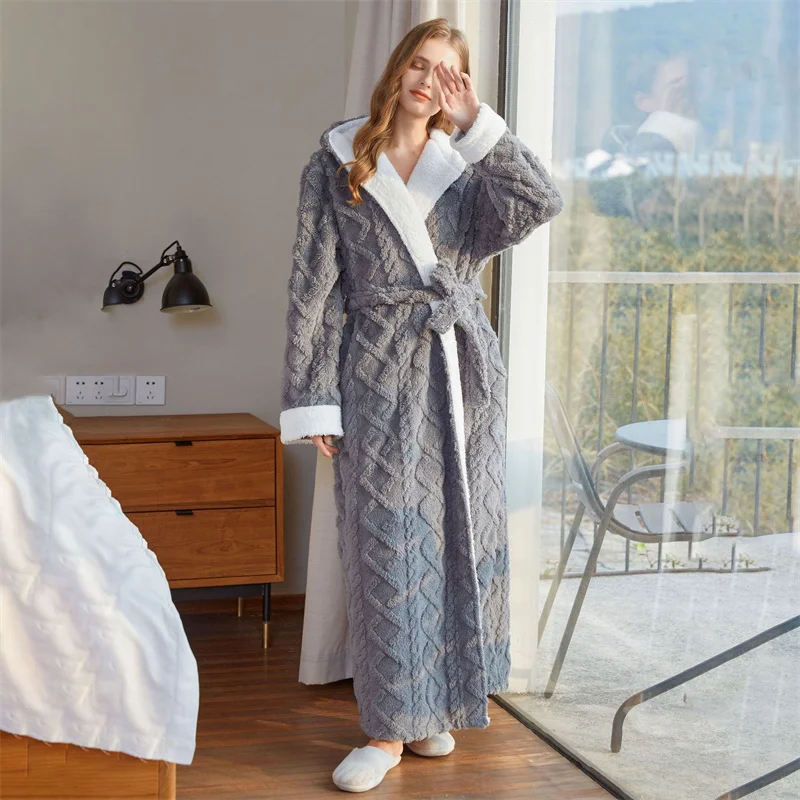 Thick Women Warm Bathrobe Solid Hooded Warm Ladies Dressing Gown Long Sleeve Flannel Bath Robe For Female