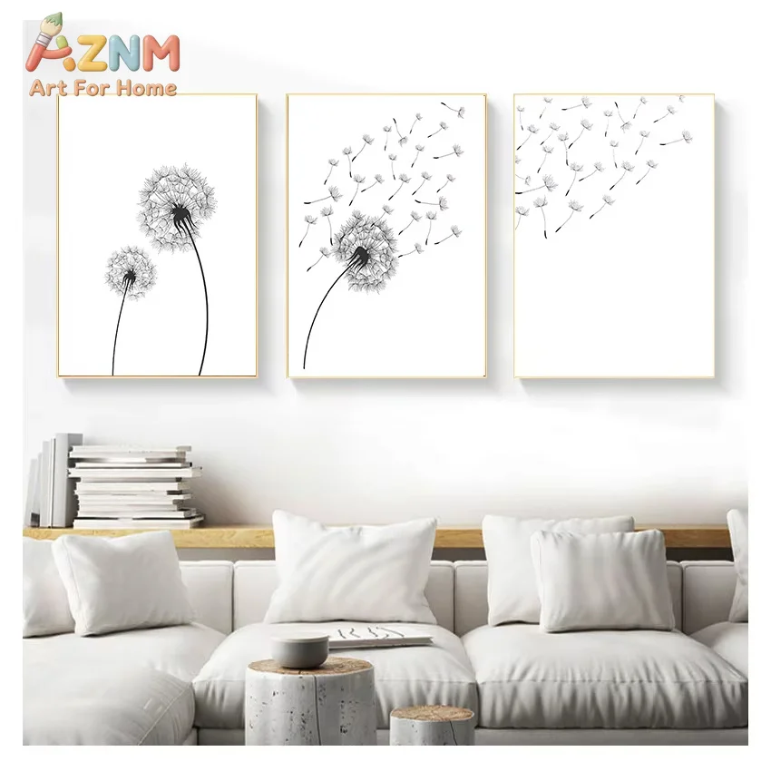 AZNM Black White Dandelion Line Canvas Wall Art Frameless Print, Minimalist Botanical Sketch Poster, Modern Living Room Home Dec