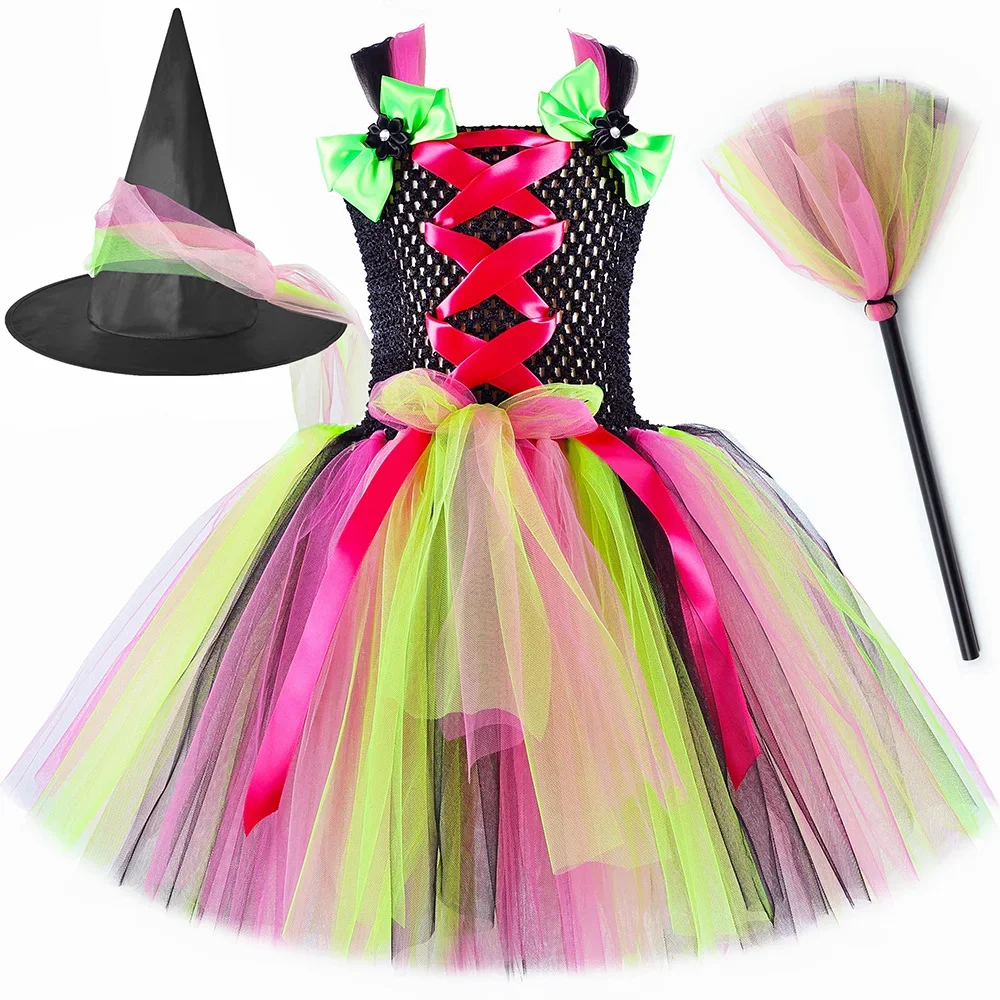 Halloween Tutu Dress Witch Costume for Girls Clothes Outfits with Hat Broom Rainbow Toddler Kids Carnival Party Fancy Dresses