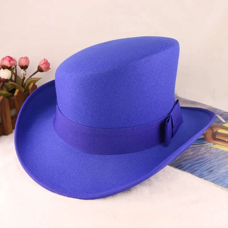 Fashion Wool Felt Hat - Rolled Brim Royal Top Hat with Bowknot, Vintage Stage Performance Decorative Felt Cap
