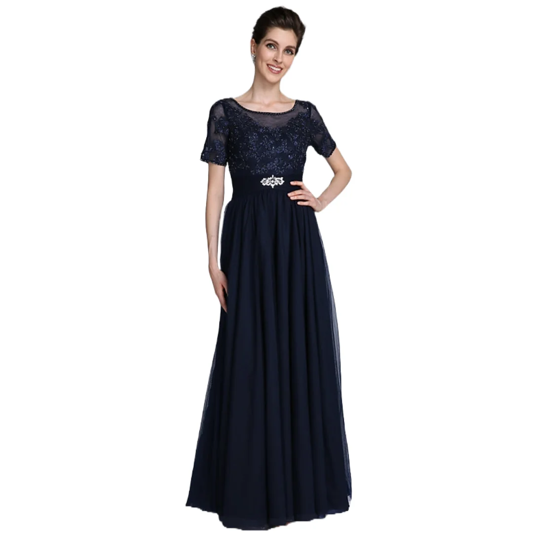 Customized Long Mother Of The Bride Groom Dresses for Weddings Deep Navy Chiffon A-Line Beaded Waist Sheer Neck Short Sleeves