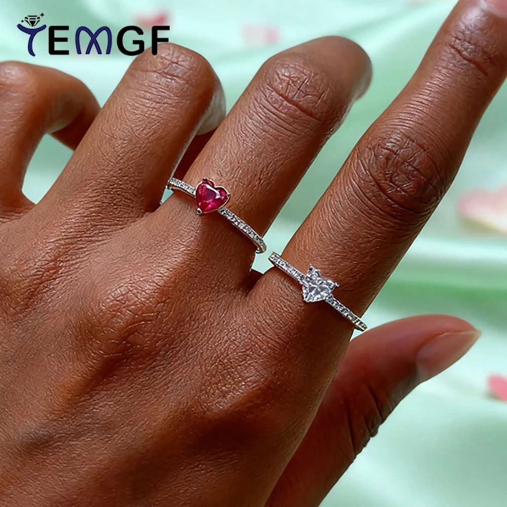 

TEMGF Red/White Heart Cut Zircon Ring 100% 925 Sterling Silver Fine Jewelry for Women Proposal Birthday Romantic Love Gifts