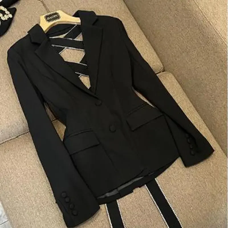 Suit Collar Sexy Strap Backless Diamond Black Blazer Mujer Vintage Fashion Korean Top Y2k Jacket Women Femme Coats