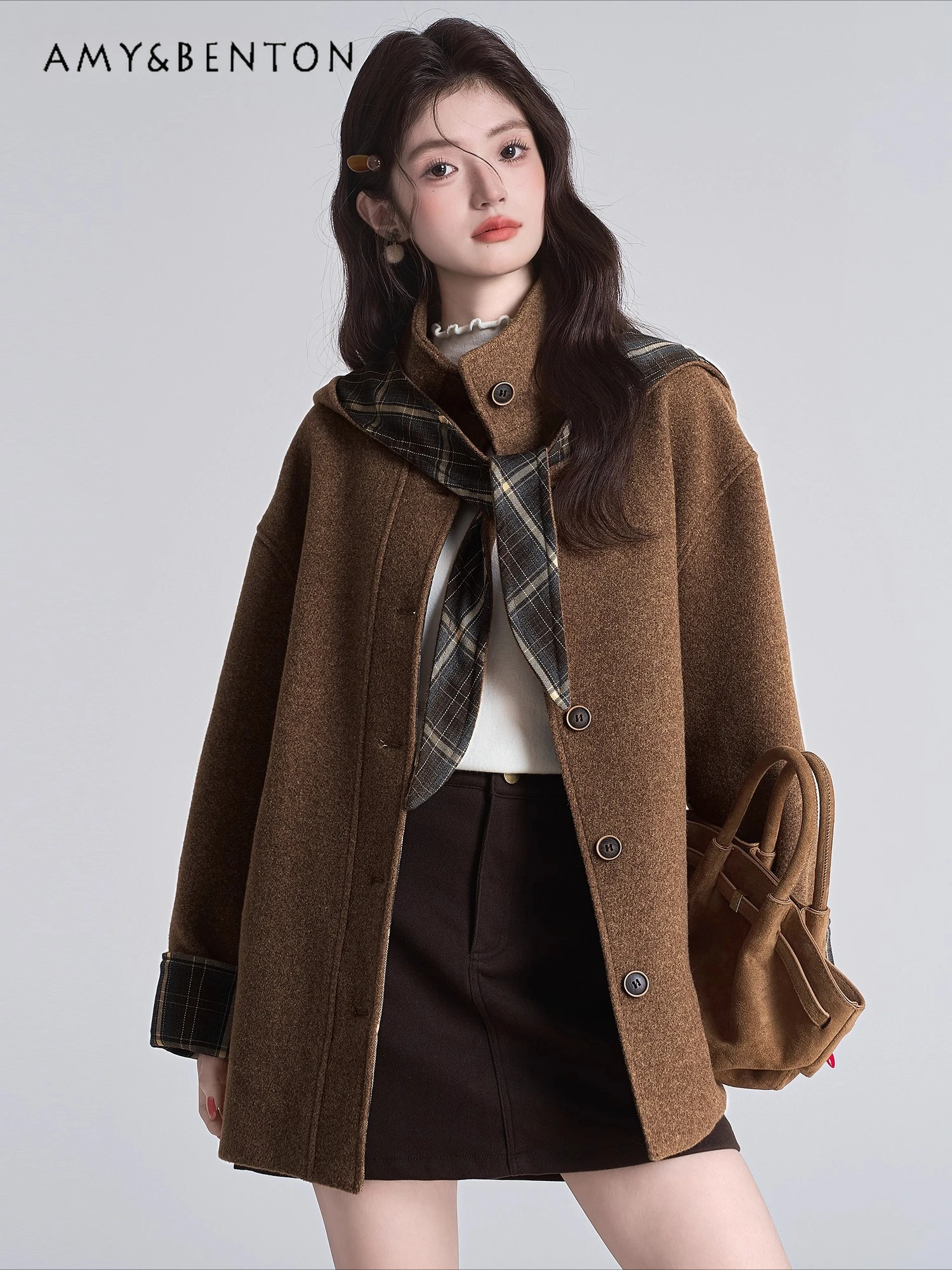 

2025 Autumn Winter Korean Retro Style Stand Collar Single-Breasted Coffee Color Casual Mid-Length Hooded Wool Coat