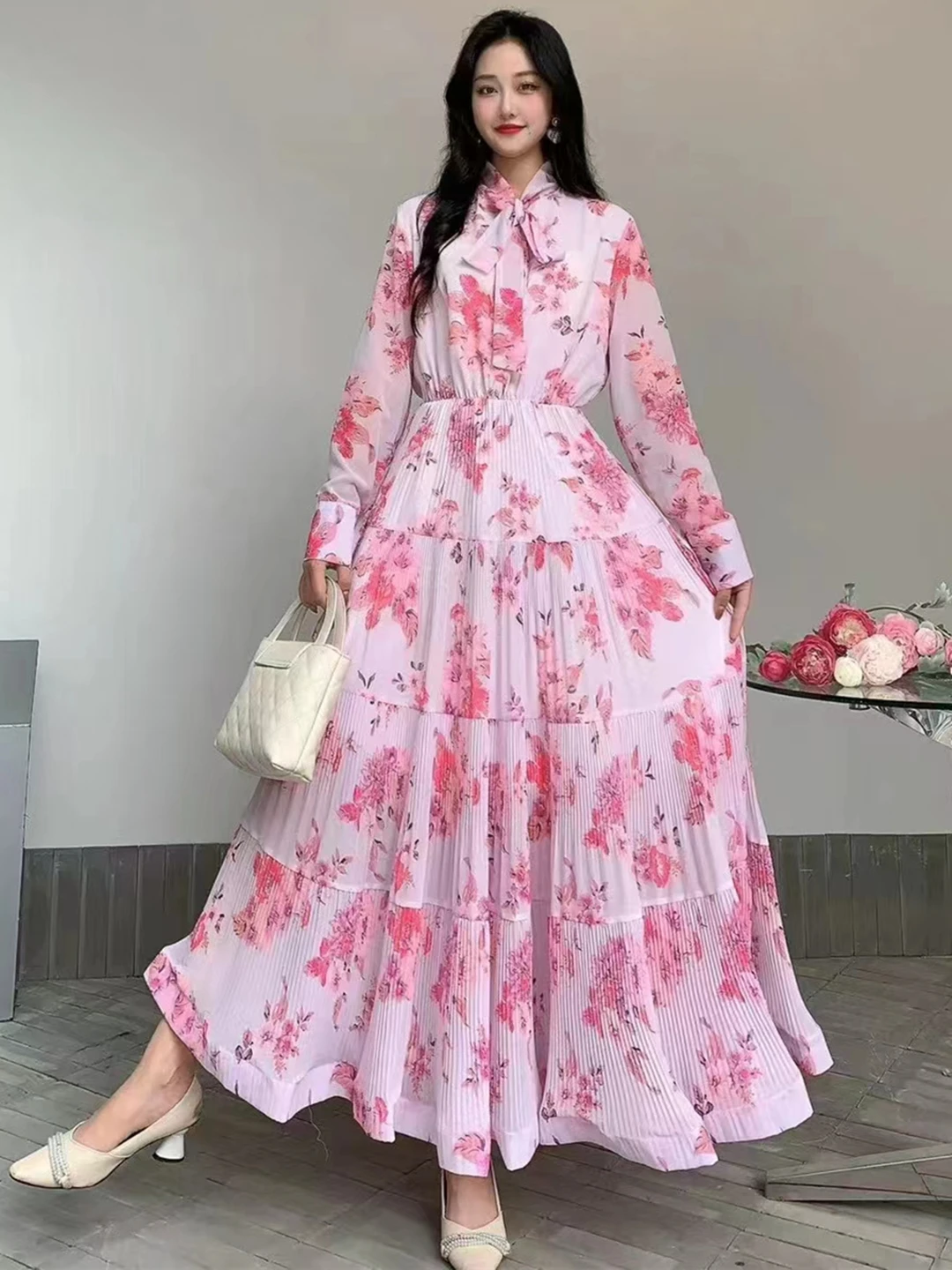 2024 New Spring Autumn Women Bow Collar Long Sleeve Belt Slim Long Dress Sweet Pleated Ruffles Big Hem Chiffon Floral Dress