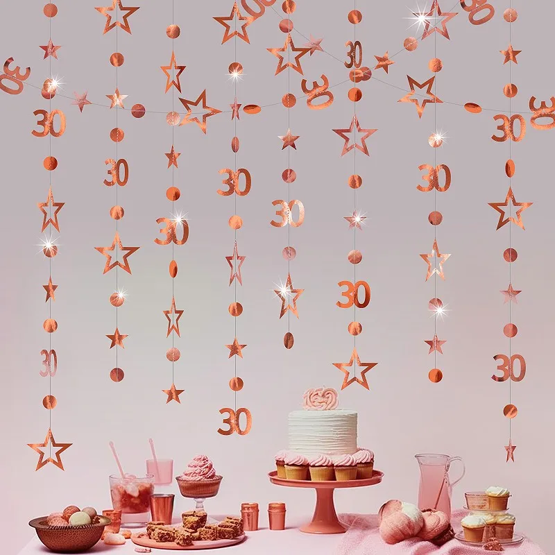 

3M Rose Gold 30 Years Old Birthday Banner Decoration Number 30 Multicolor Star Circle Dot Hainging Garlands 30th Birthday Banner