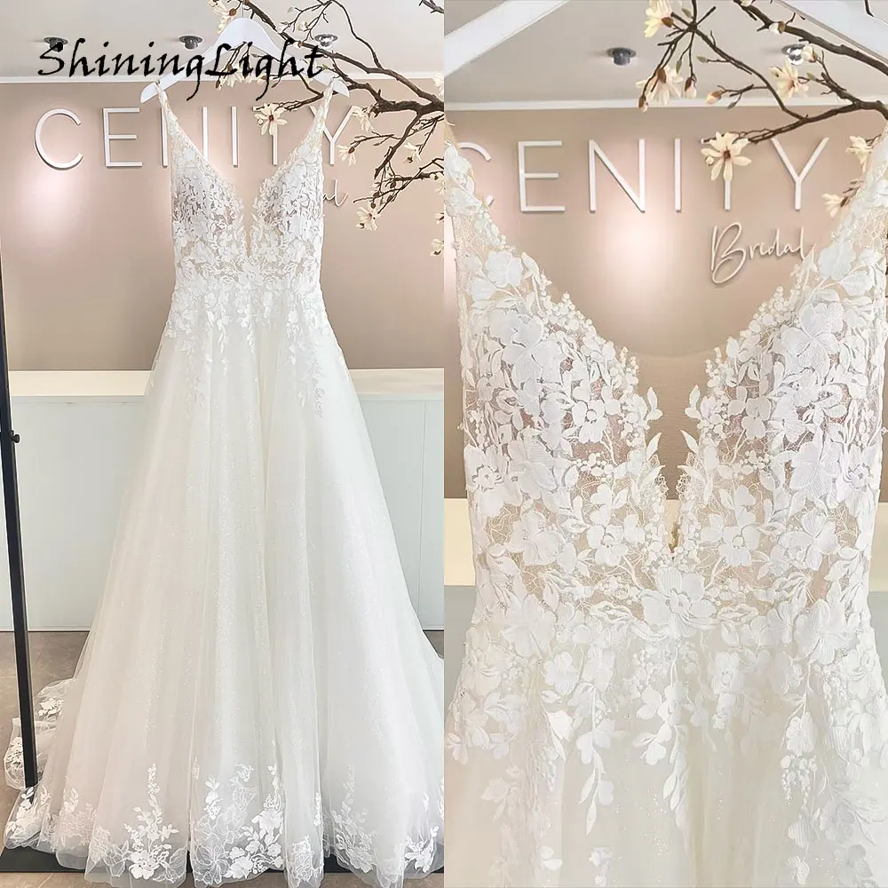 

ShiningLight Boho Lace Wedding Dress V-Neck A-Line Spaghetti Straps Sexy Tulle Bridal Gown with Appliques Brautkleid Customized