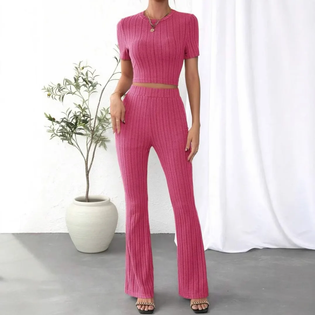 New Tight Fashion Casual Solid Color Pit Strip Short Sleeve Knitted High Waist Pants Set