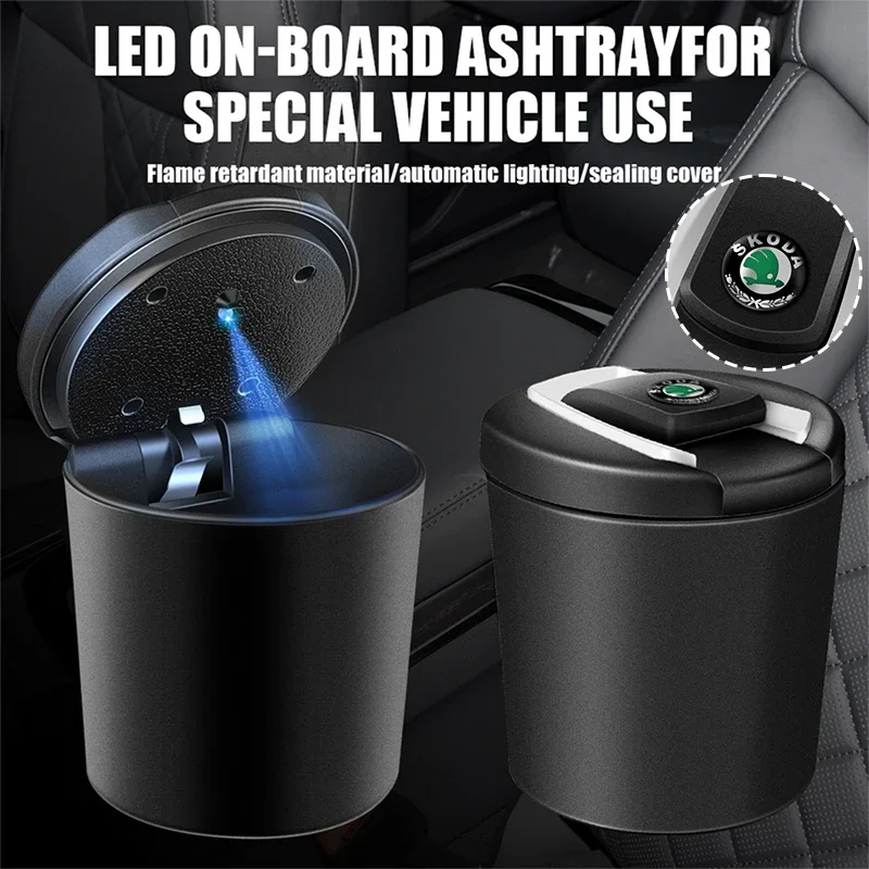 Car LED Ashtray Flame Retardant Cigarette Storage Cup Accessories For Skoda Octavia Fabia Kamiq Kapoq Kodiaq Rapid Superb SCALA