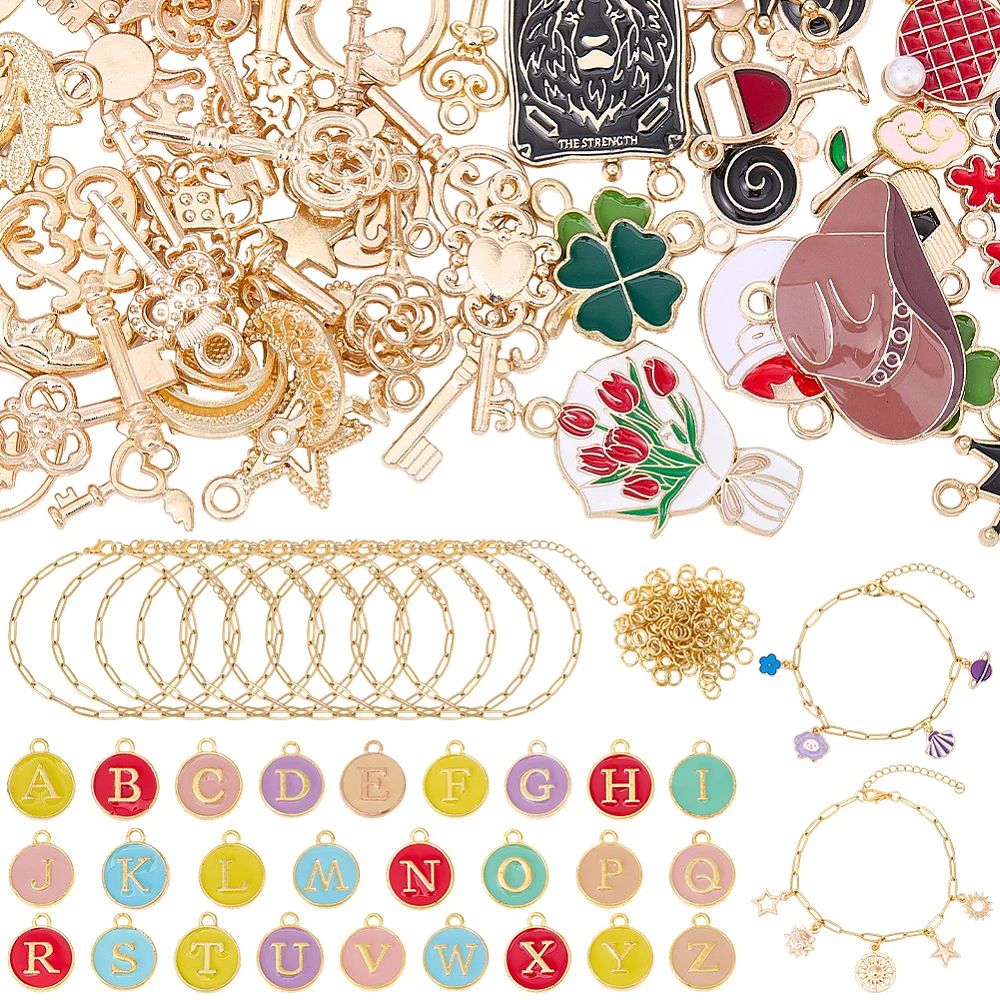 Jump Ring Assorted - ชุดอุปกรณ์ทำสร้อยข้อมือทองคำ 306 ชิ้น ประกอบด้วยสร้อยข้อมือแบบคลิปหนีบกระดาษ จี้เคลือบหลากสี จี้ตัวอักษรจำนวนมาก