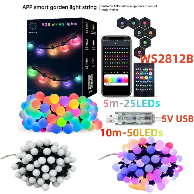 ไฟสาย LED อัจฉริยะสำหรับสวนกลางแจ้ง5V USB WS2812ฉาก DIY กันน้ำฟังเพลงซิงค์รีโมทแอปควบคุมลูกปัดกลมวันหยุด