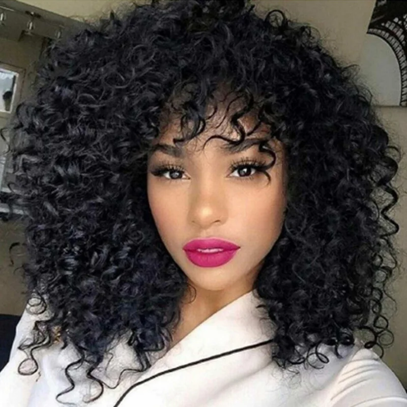 Pelucas rizadas sintéticas para mujer, peluca Afro rizada con flequillo, cabello negro Natural, pelucas completas sintéticas resistentes al calor