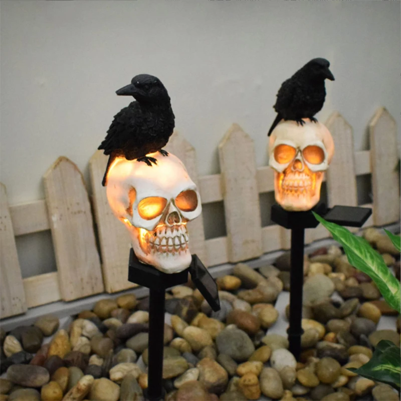 Halloween Outdoor Solar Garden Lawn Lamp Courtyard Waterproof Resin Skeleton Head Path Crow Decorative Light For All Saints' Day