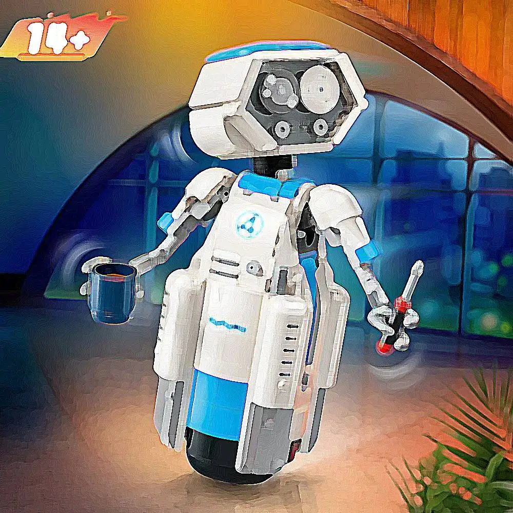 747Pcs Futuristic Machine Bricks Set White Blue Robot Assembly Model Detailed Mechanical Tabletop Display Birthday Gift