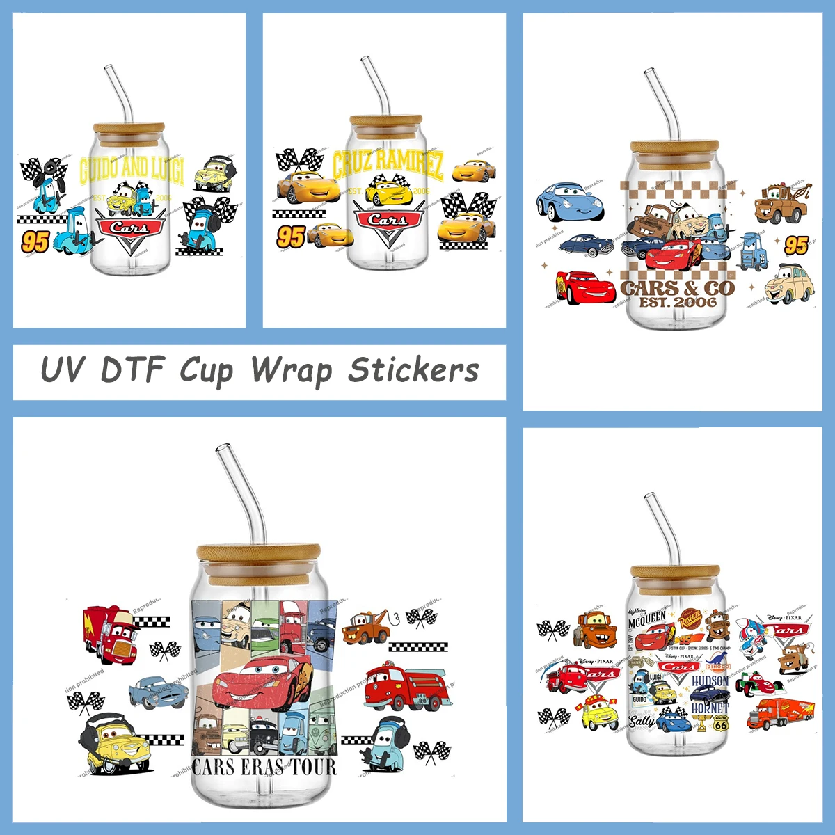 Cartoon Cars Series 3D Pattern UV DTF Cup Wrap Sticker for 16oz Libbey Glasses Fade Resistant Vinyl Decals for Ceramics Mugs