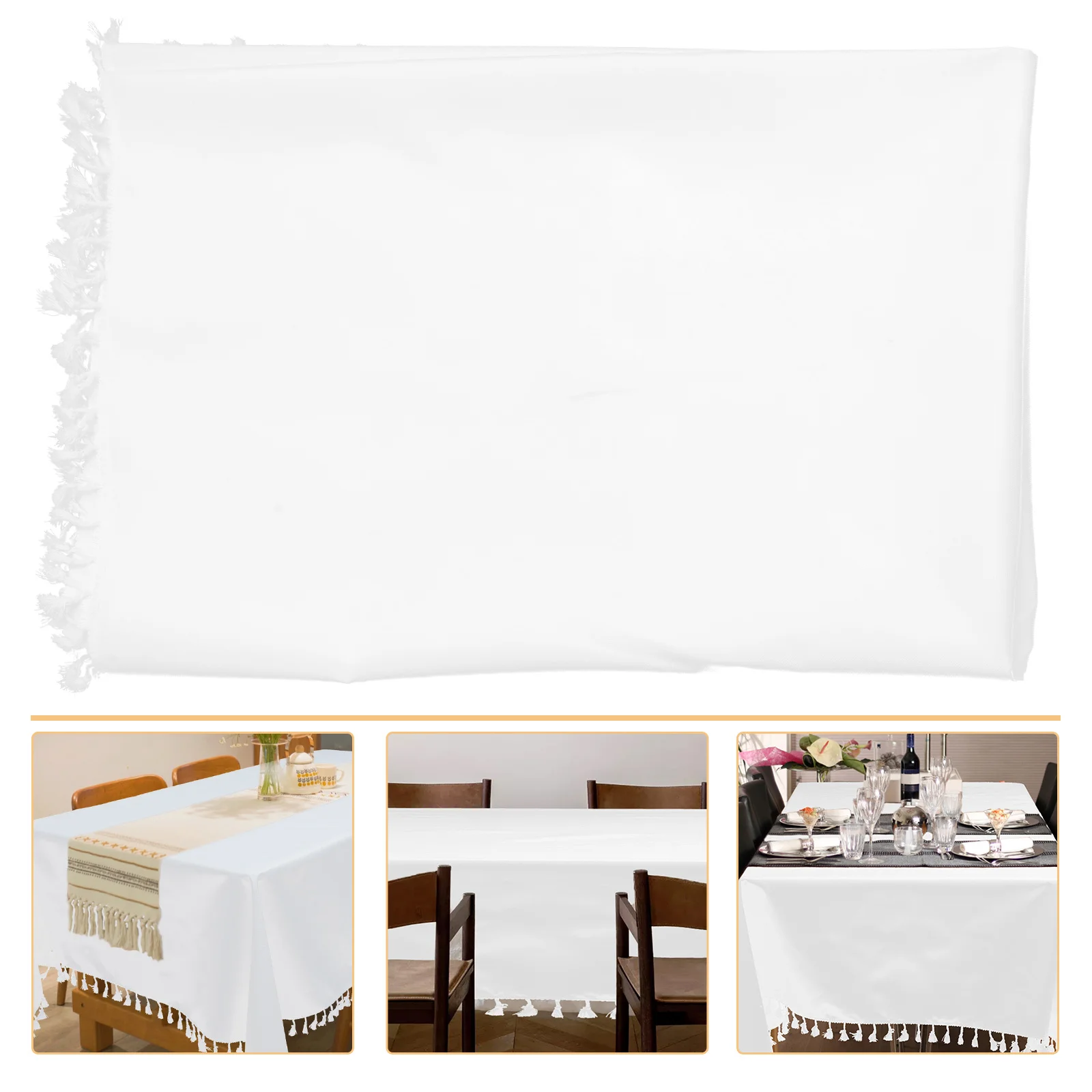 

Macrame Trim Waterproof Tablecloth Rectangle Polyester Washable Solid Color Table Cover for Kitchen Dining Room Party Decoration