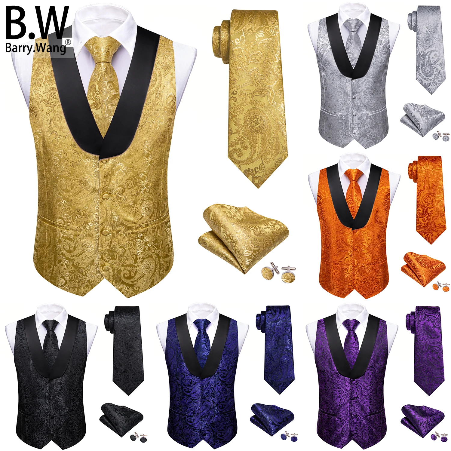 

Barry.Wang Silk Men Shawl Collar Vest Jacquard Paisley Floral Waistcoat Tie Hanky Cufflinks Set Sleeveless Jacket Wedding Office